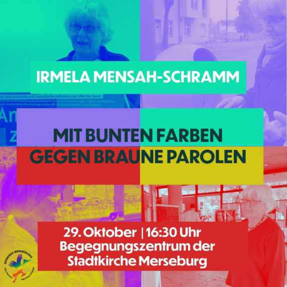 Vortrag und Gesprächsrunde „Mit bunten Farben gegen braune Parolen“ sharepic irmela mensah schramm 29102025 merseburg