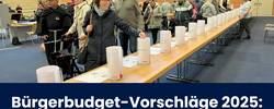 Bürgerinnen und Bürger werfen ihre Stimmtaler in die Glasschalen der Projekte.